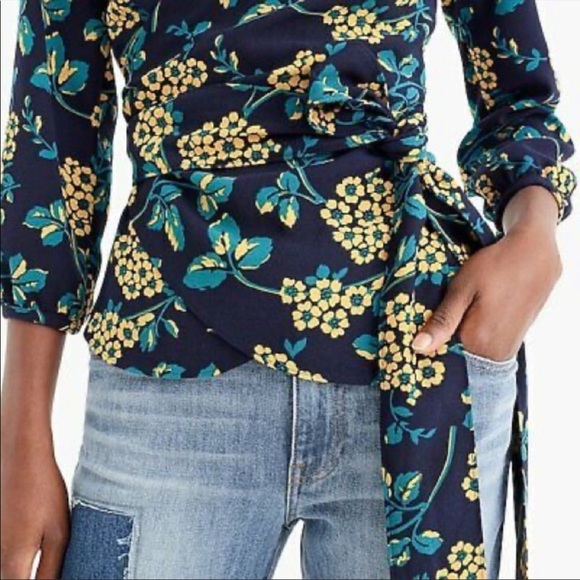 J Crew Floral Wrap Blouse - Navy and Gold, Size XSP - Picture 4 of 10
